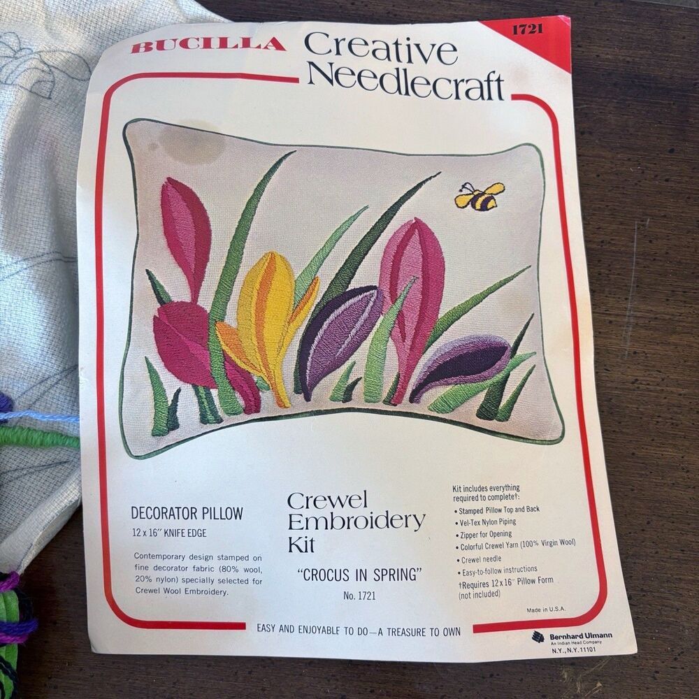 Bucilla Crewel Embroidery Pillow Kit 1721 Crocus In Spring Partially Completed
